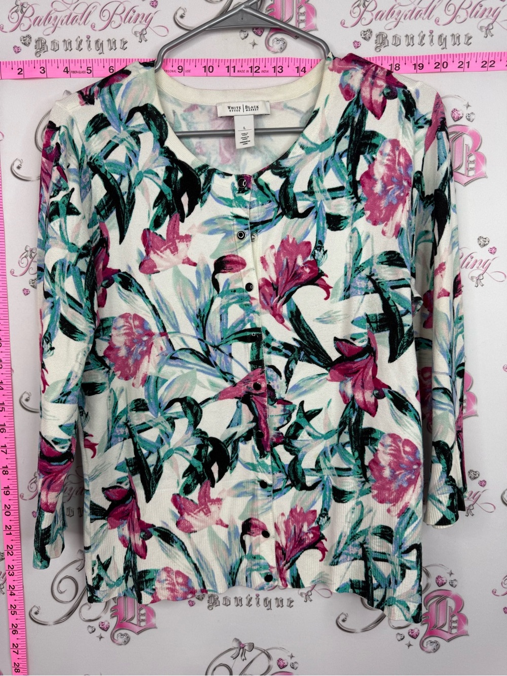 White House Black Market Floral Button-Front Top in White, Pink & Green